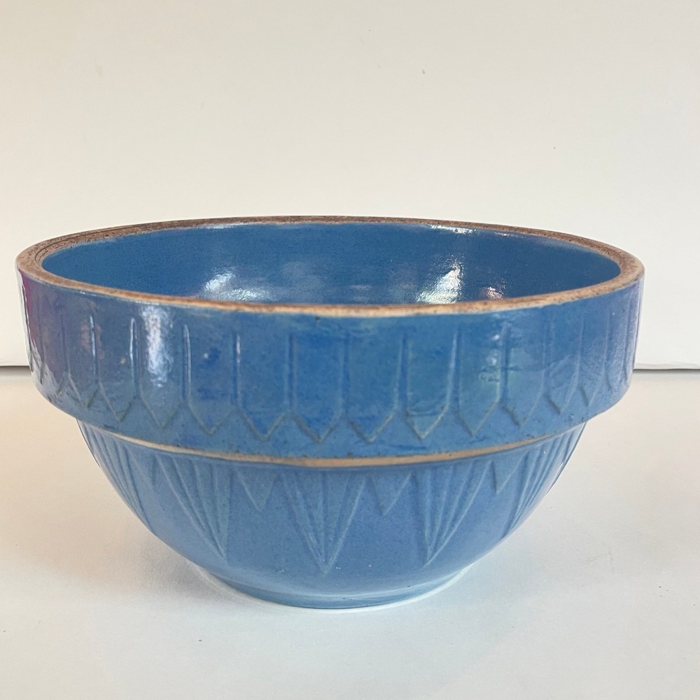 Ruckel's Vintage Blue Stoneware Mixing‎ Bowl Embossed Picket Fences Cobalt 9" D
